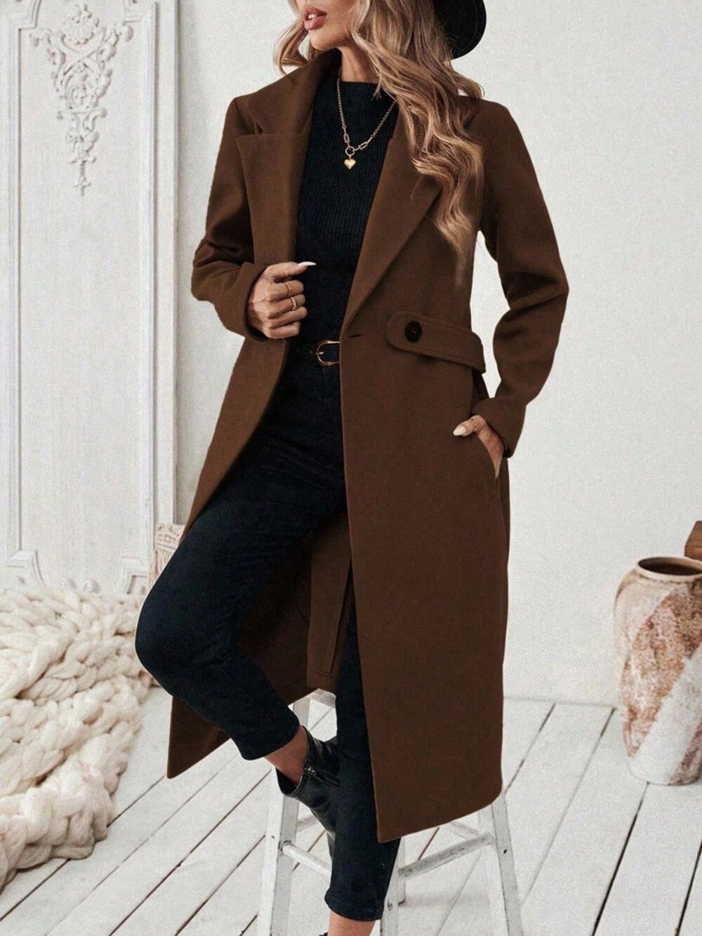Coffee Brown Casual Women's Knee Length Lapel Double Button Pocket Coat